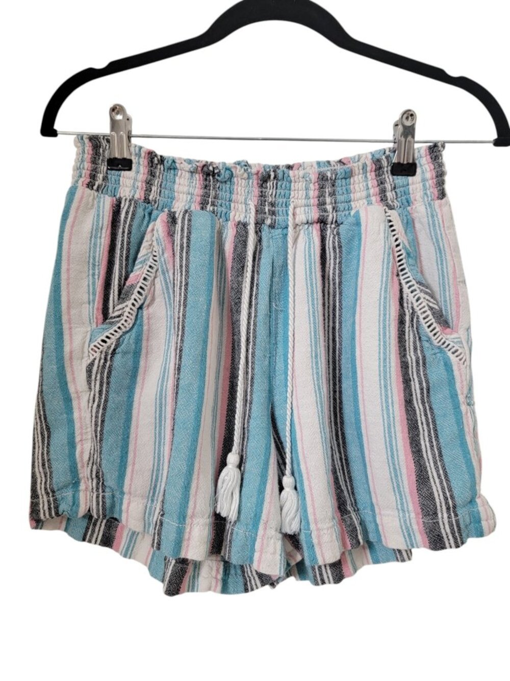 Briggs Size M Linen Blend Striped Pull On Shorts, White, Teal, Pink and Gray